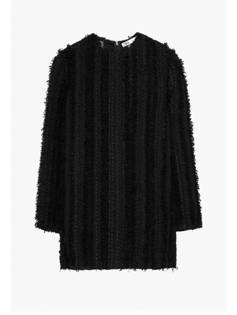 Zara Black Fringed Knit Long Sleeve Shift Dress